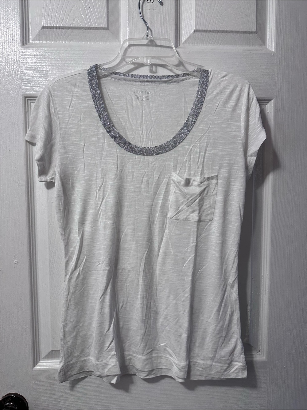 Calvin Klein White Short Sleeve Scoop Neck Tee with Silver Trim